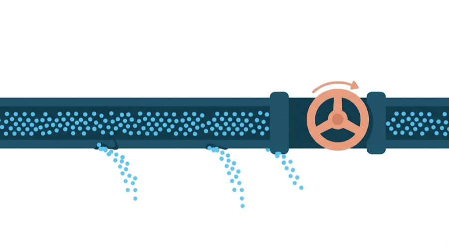 Illustration: a wide pipe carrying dots with several leaks spilling underneath and a large valve closing one of them