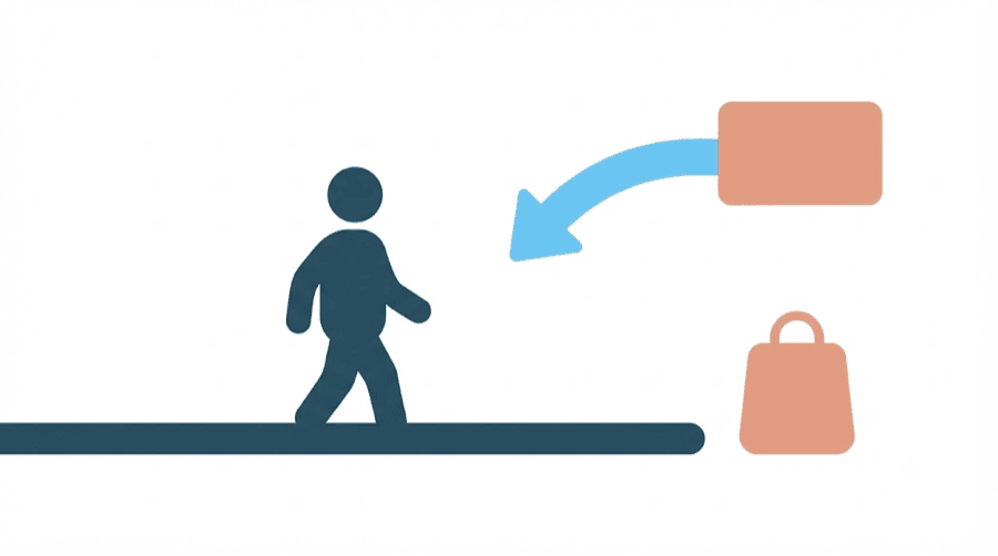 Illustration: a figure walking a straight path toward a shopping bag while a separate card off to the side reaches out with an arrow that never touches the path