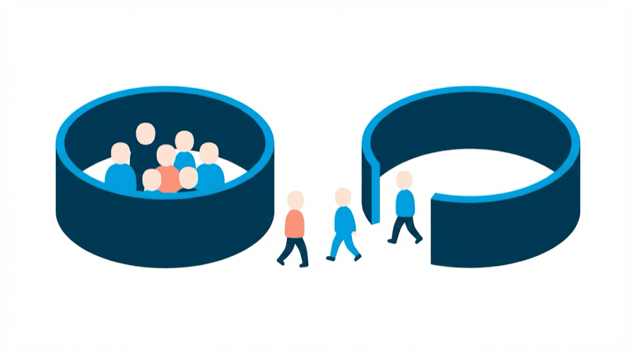 Illustration: a walled circle of blank figures on one side and an open circle with figures walking in freely on the other
