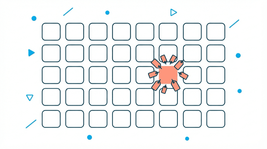 Illustration: a calendar grid with one day marked, and price tag shapes gathered on that single day