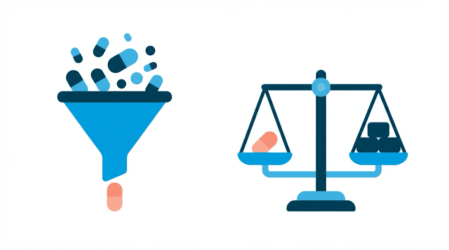 Illustration: a funnel of many word shapes narrowing into one, with a set of scales beside it weighing that one word against a stack of blocks