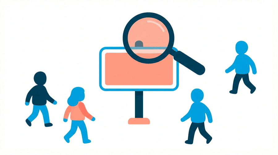 Illustration: a large magnifying glass over a simple sign board, with blank figures walking towards it
