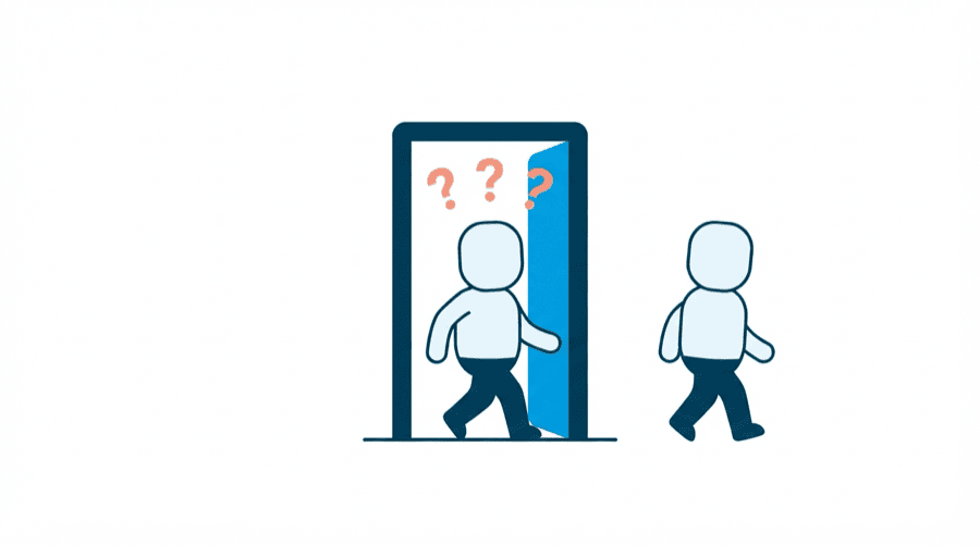 Illustration: a doorway with three small question shapes floating in front of it, one blank figure passing through and one turned away