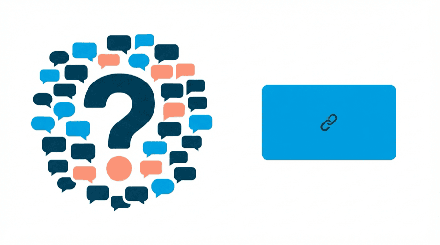 Illustration: one large question mark shape surrounded by many small blank speech bubbles, beside a flat rectangle with no bubbles at all