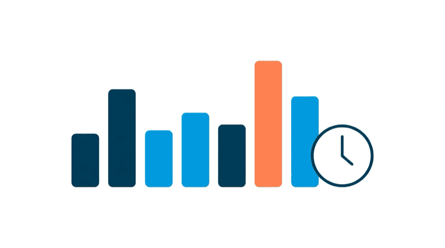 Illustration: a simple bar chart with one tall bar highlighted, and a clock face beside it