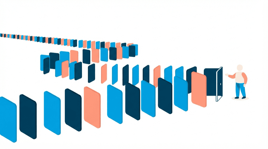 Illustration: a queue of rectangles waiting at a narrow gate with one blank figure standing beside it