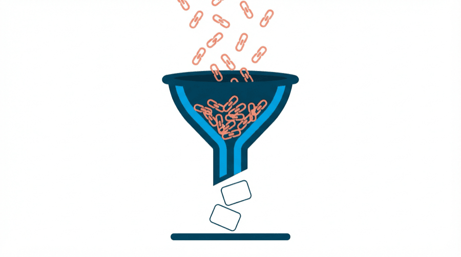 Illustration: a funnel catching many small chain link shapes while a few plain shapes pass through underneath