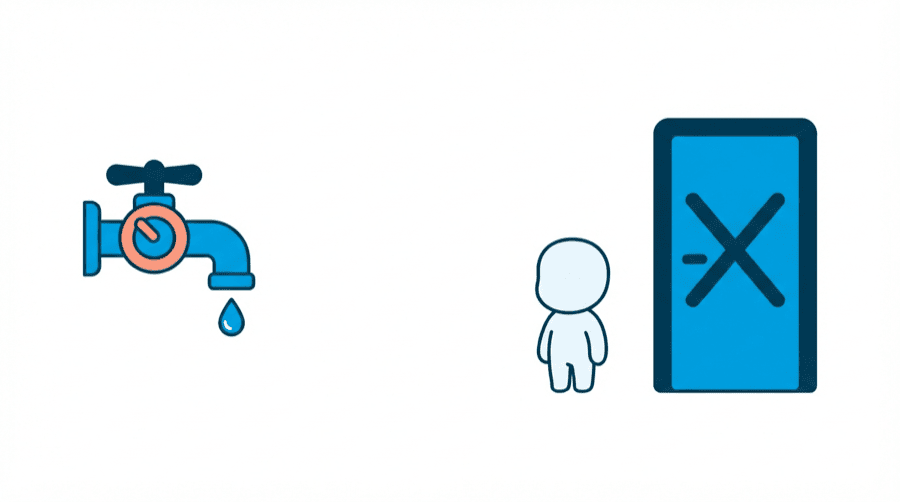 Illustration: a tap with a dial turned down to a single drop, next to a closed door with a cross on it