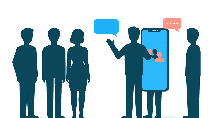 Illustration: a group of figures stands beside a tall phone screen while one figure types a short reply into a speech bubble