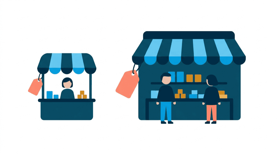 Illustration: two separate marketplaces side by side, one small stall and one large shopfront, with a price tag hanging over each