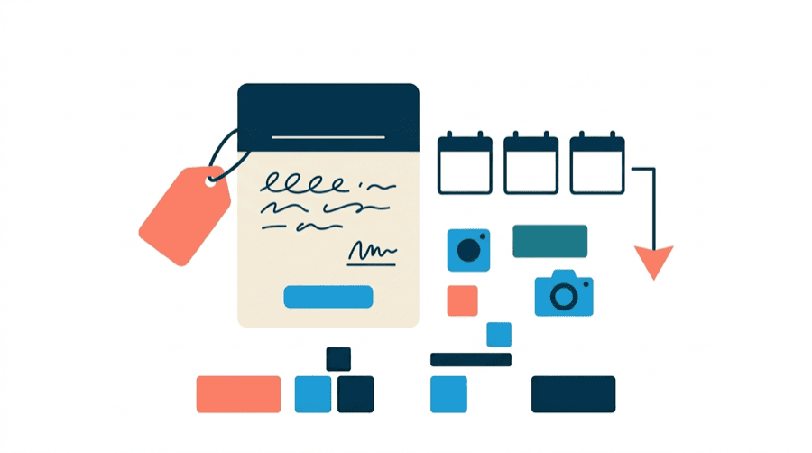 Illustration: a brand new empty profile card with three small calendar squares beside it and arrows pointing to small icons