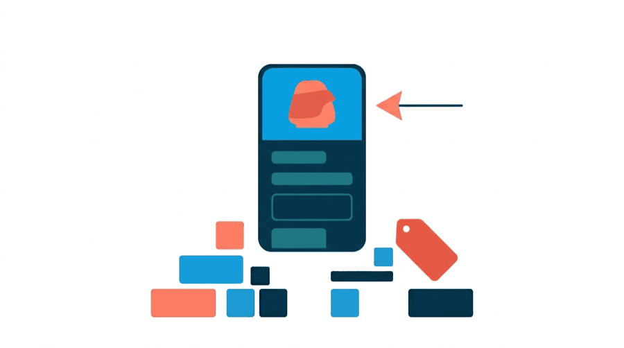 Illustration: a phone screen split into a short first section and a long remainder, with a product shape sitting in the short section
