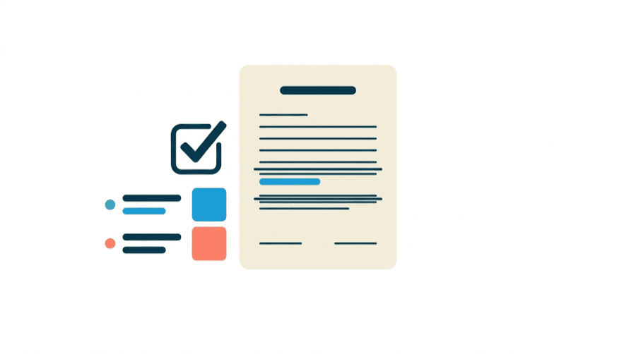 Illustration: a document with two clauses crossed out and one tick beside a simple two-step list