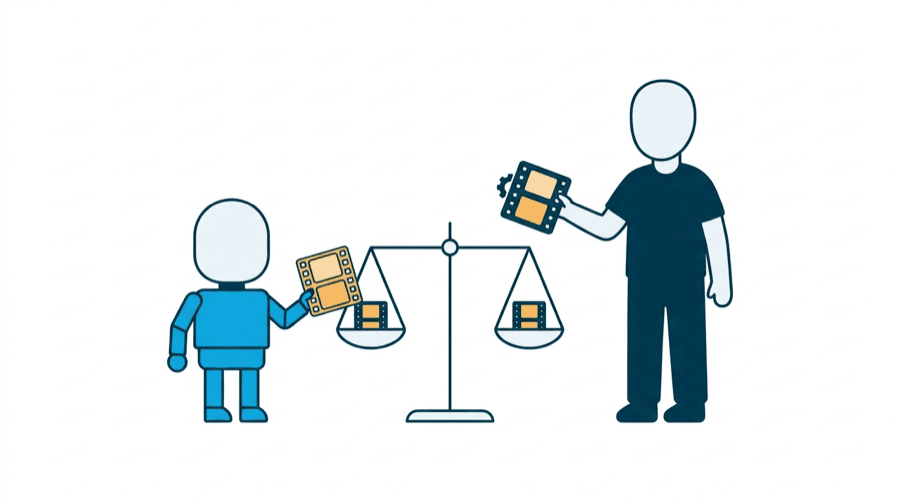 Illustration: a small robot shape and a human figure each holding an identical film clip, with a balance scale between them