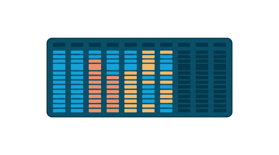 Illustration: a wide comparison board with several columns of small coloured blocks lined up in rows