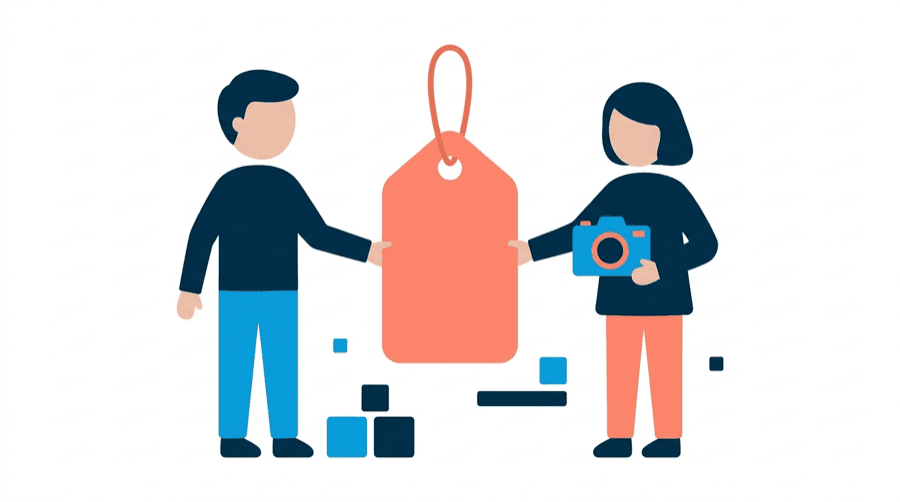 Illustration: a person shaking hands with a single figure holding a camera, with a larger price tag between them