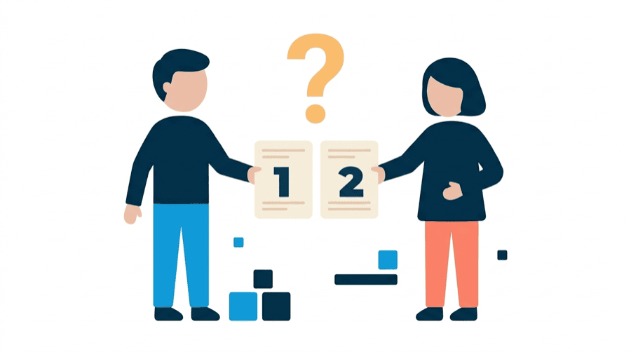 Illustration: two documents from the same folder held side by side, each showing a different number, with a question mark above
