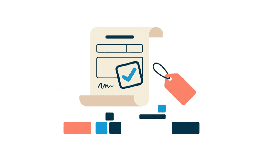 Illustration: a paper licence document with a tick stamped on it, sitting next to a small price tag