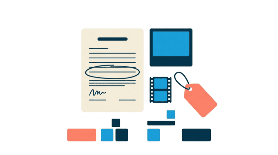 Illustration: a contract page with one line circled, next to a photograph and a film clip shown as two different objects