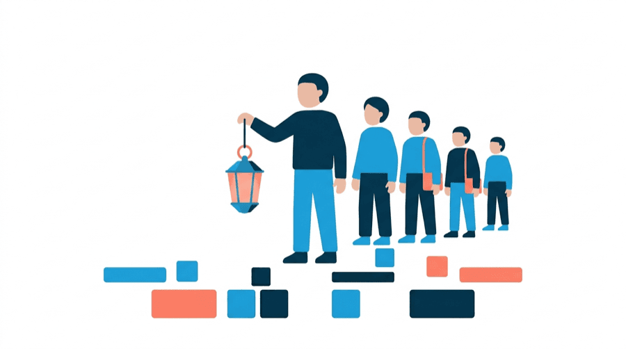 Illustration: a single figure holding a lantern at the front of a queue of other figures, all facing the same direction