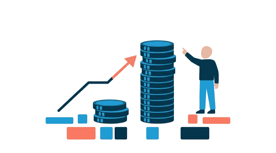 Illustration: a small stack of coins next to a much larger stack, with an arrow pointing from a rising line towards the larger stack