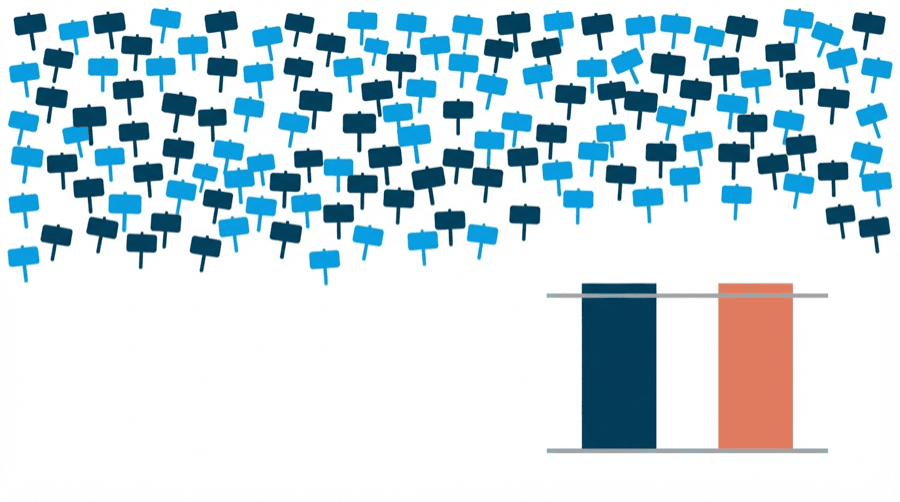 Illustration: a wide scattered field of small blank sign shapes above two plain bars of exactly equal height