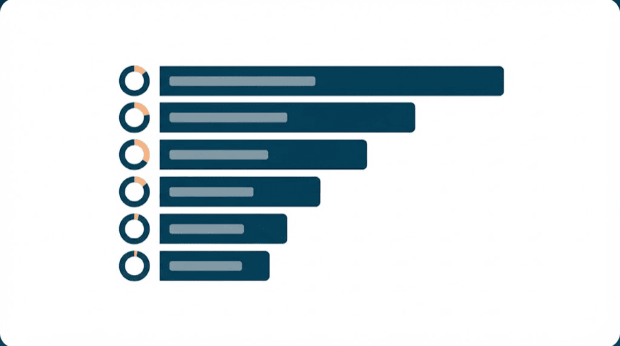 Illustration: a ranked stack of blank rectangles of decreasing width, each paired with a small part-filled ring