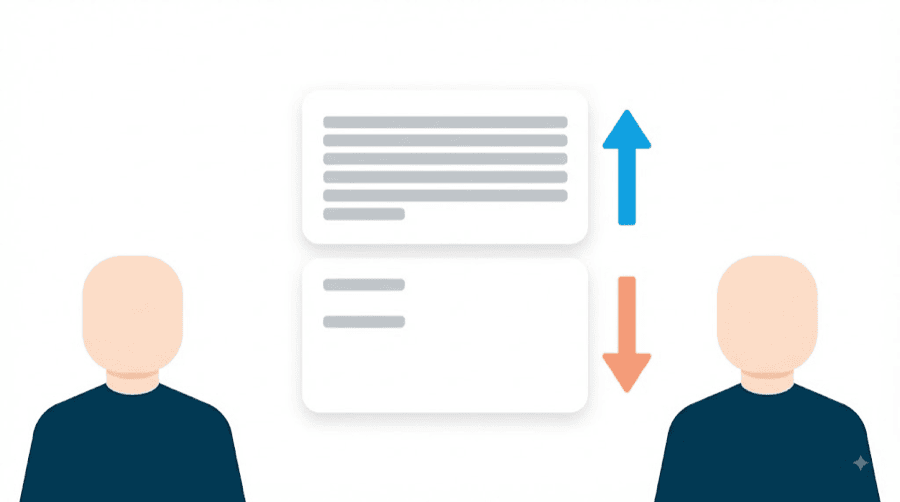 Illustration: two stacked text blocks, the longer one with an upward blue arrow and the shorter one with a downward coral arrow