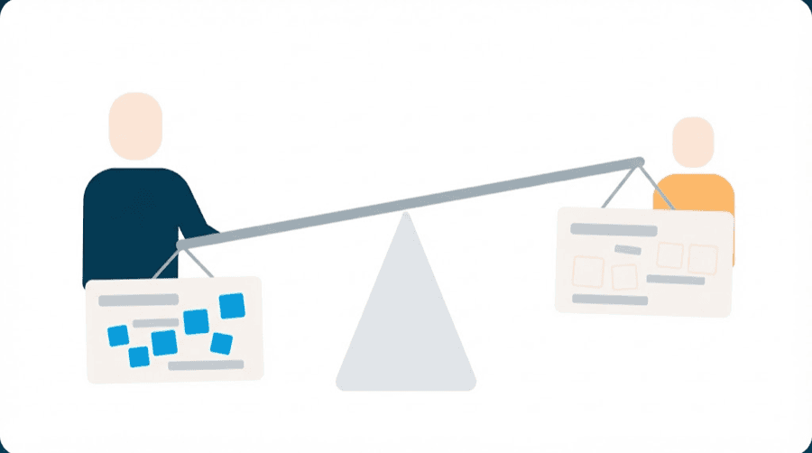 Illustration: two similar text blocks, one holding small solid blue shapes and the other holding faint outlined shapes, on a balance tipping to the solid side
