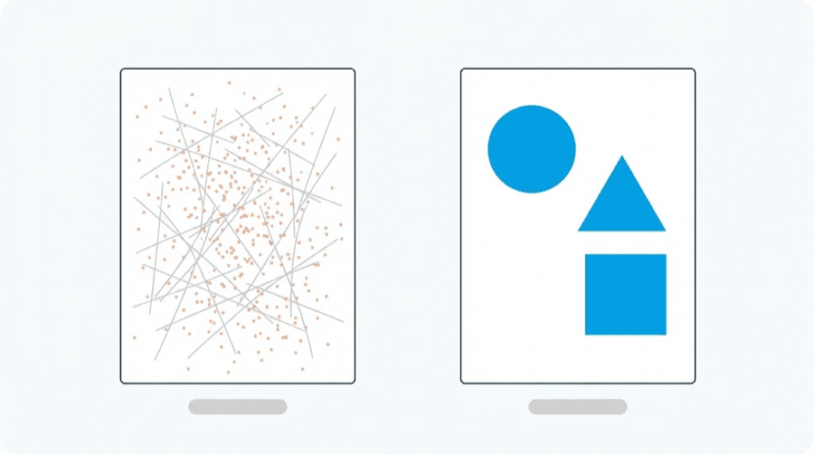 Illustration: two poster shapes, one crowded with tiny scattered marks and one holding a few large bold shapes
