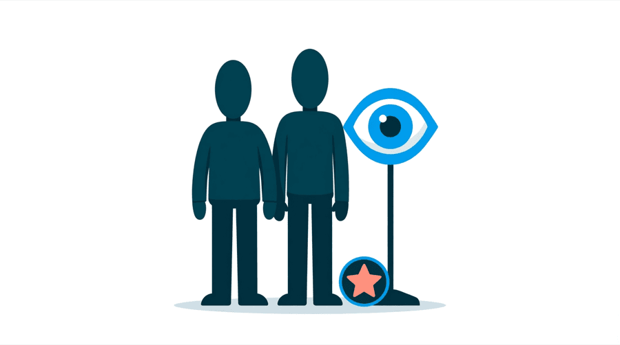 Illustration: a figure beside a large eye symbol on a stand, with a small star badge on the ground