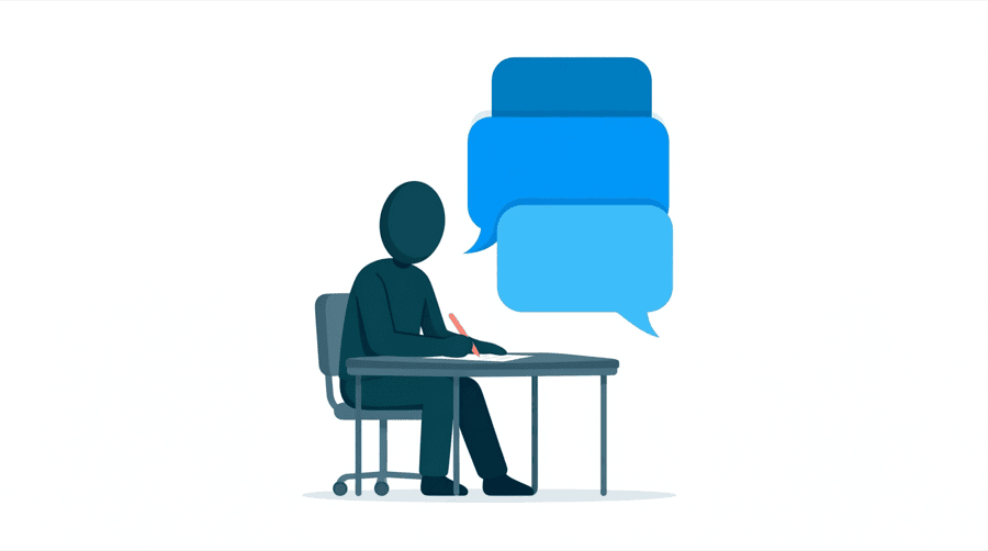 Illustration: a figure at a desk writing into the last of four stacked speech bubbles
