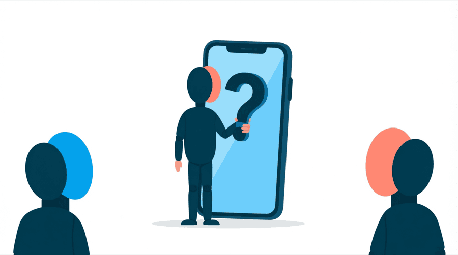 Illustration: a figure holding a large question mark beside a tall phone screen