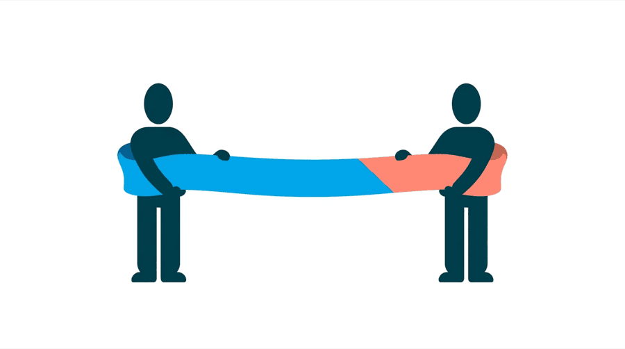 Illustration: two figures holding the two ends of one long chat ribbon stretched between them