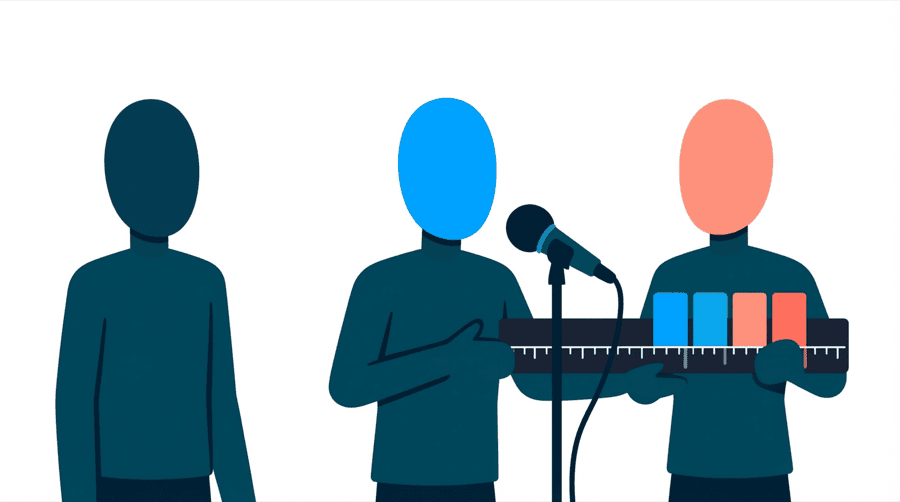 Illustration: a figure speaking into a microphone beside a video timeline with three coloured edit blocks