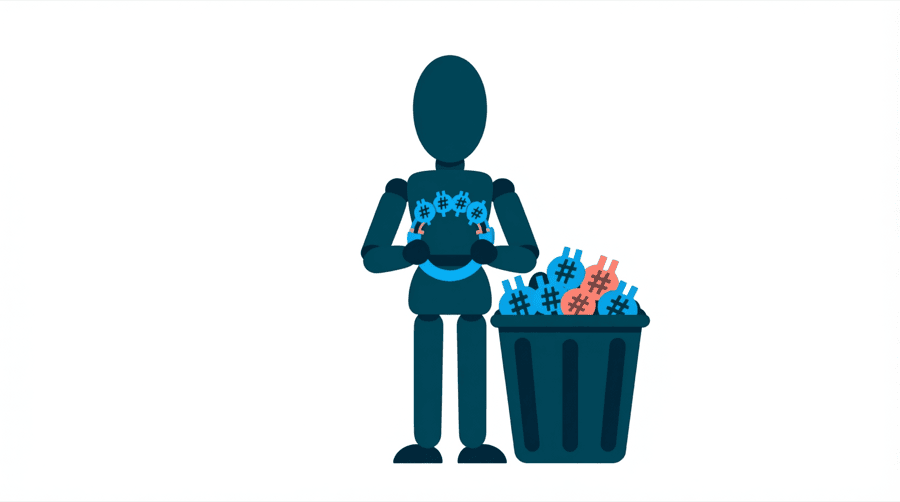 Illustration: a figure holding a ring of five small hash symbol tags beside a bin overflowing with more tags