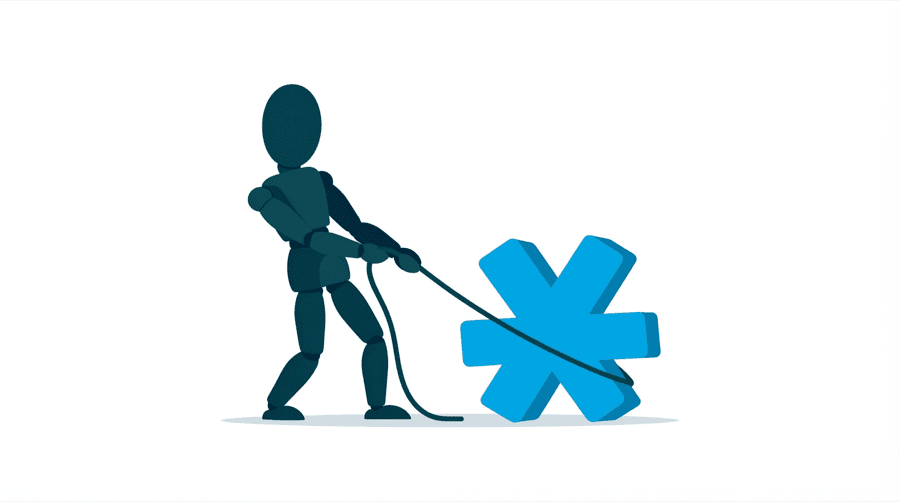 Illustration: a figure pulling a rope tied to a large hash symbol resting flat on the ground