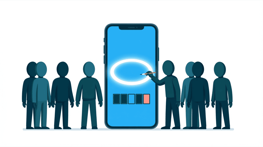 Illustration: a figure painting a glowing ring around a round profile circle at the top of a phone screen