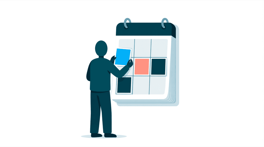 Illustration: a figure placing the fourth of five square photo tiles onto a wall calendar grid
