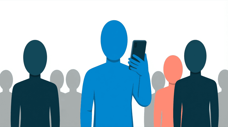 Illustration: a figure holding a tall vertical video card in front of a group of small grey silhouette shapes