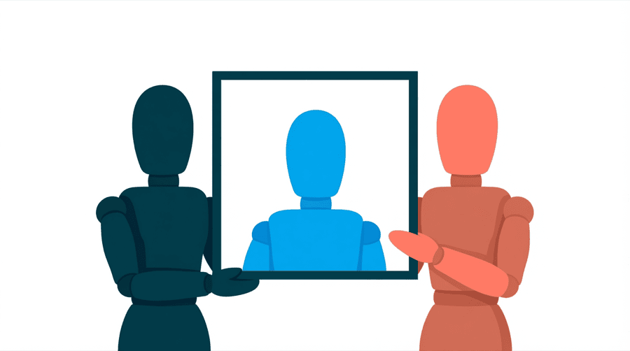 Illustration: two figures each holding one side of a single square photo frame
