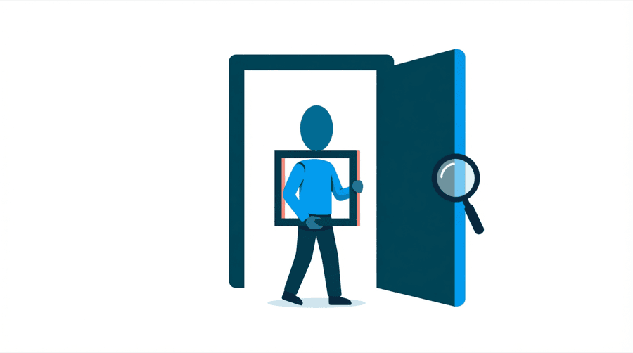 Illustration: a figure carrying a square photo frame through a large open doorway marked with a magnifying glass