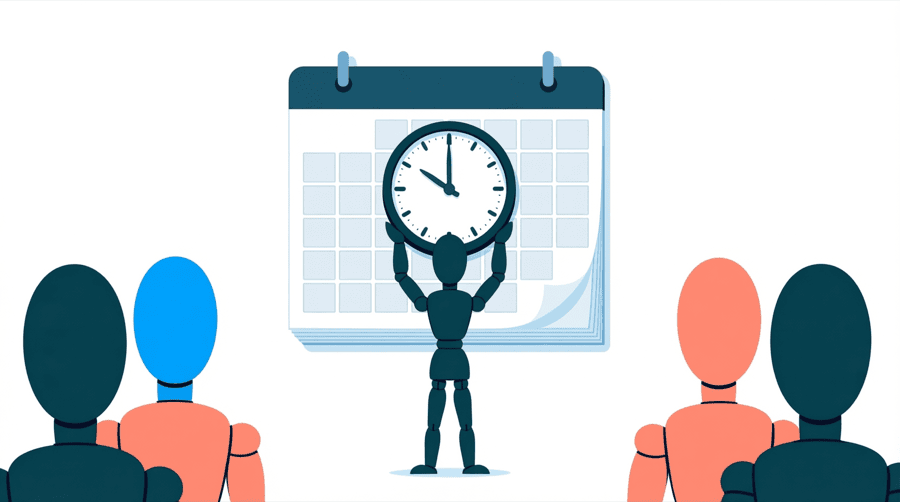 Illustration: a figure hanging a round clock showing nine on a large wall calendar page