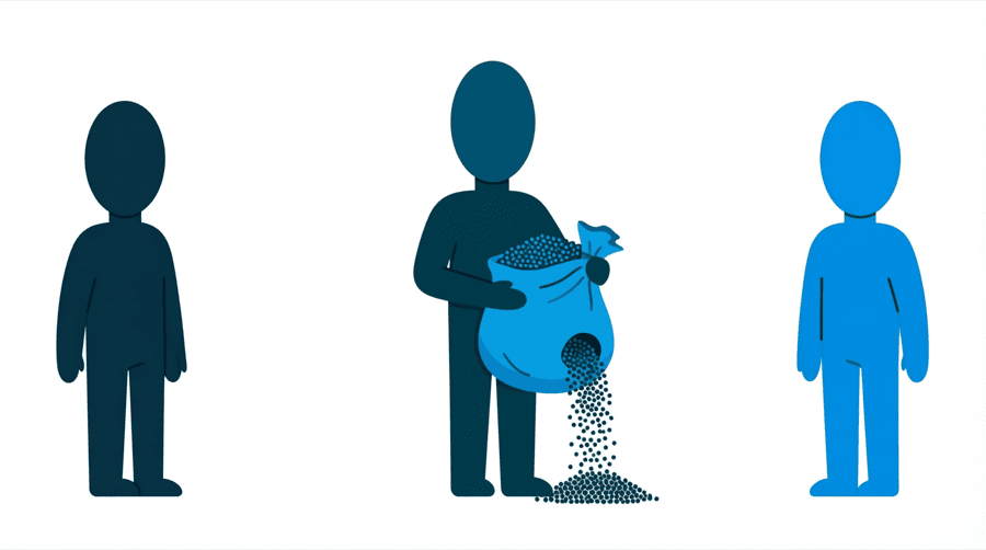 Illustration: a figure holding a sack of small round dots that leak out through a hole in the bottom