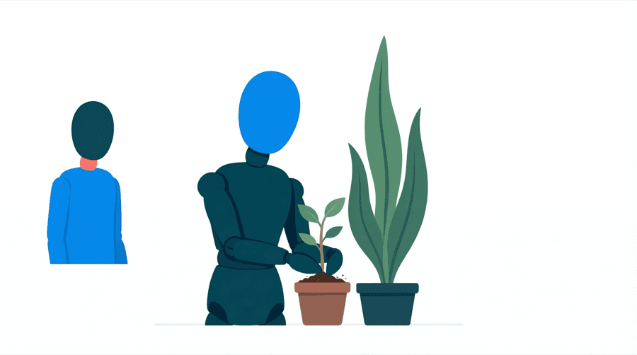 Illustration: a figure planting a small seedling in a pot beside a very tall plant