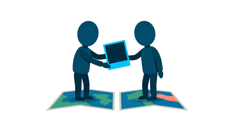 Illustration: two figures on separate map shapes passing a square photo frame across the gap