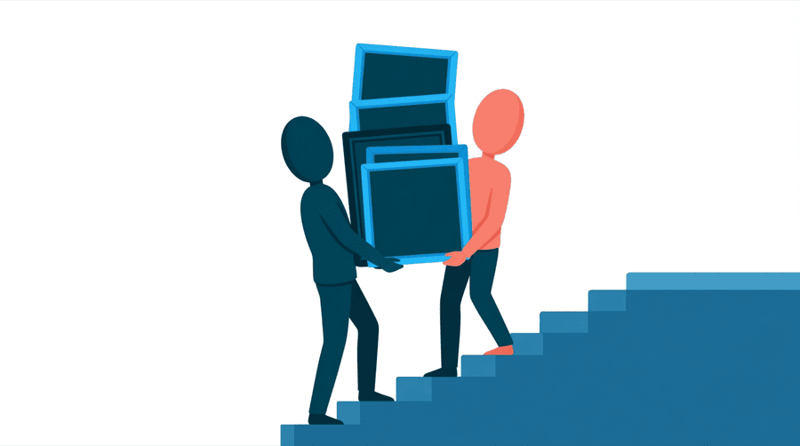 Illustration: two figures carrying a tall stack of square photo frames up a short flight of stairs