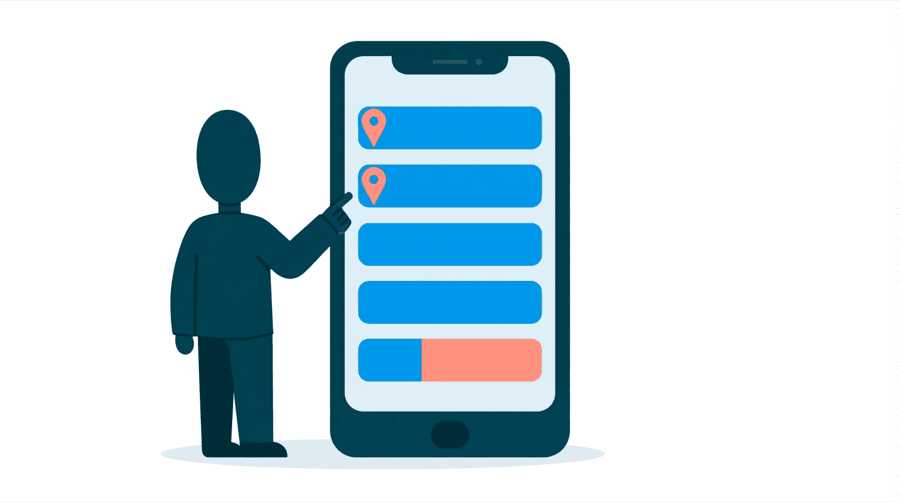 Illustration: a figure pointing at five stacked bars on a large phone screen, each bar starting with a map pin