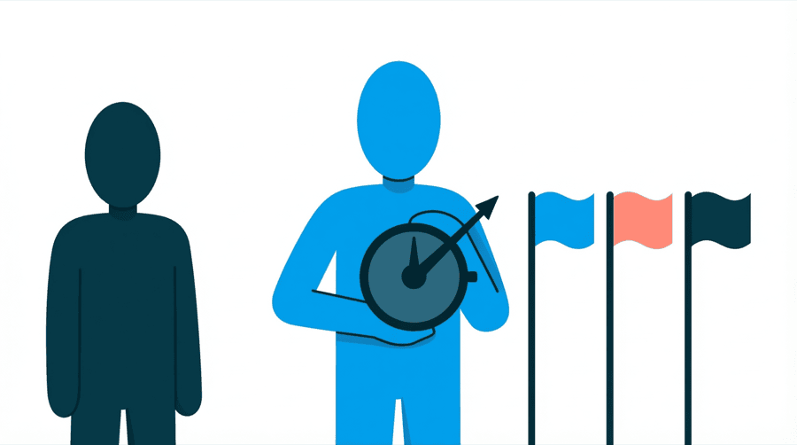 Illustration: a figure turning a large dial that points at a single flag on a row of three flags