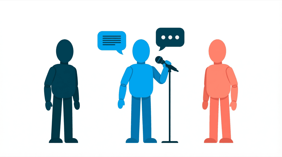 Illustration: a figure speaking into a microphone with two speech bubbles above holding different written symbols